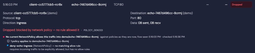 Dropped flow with a default-deny NetworkPolicy named by Radar's check