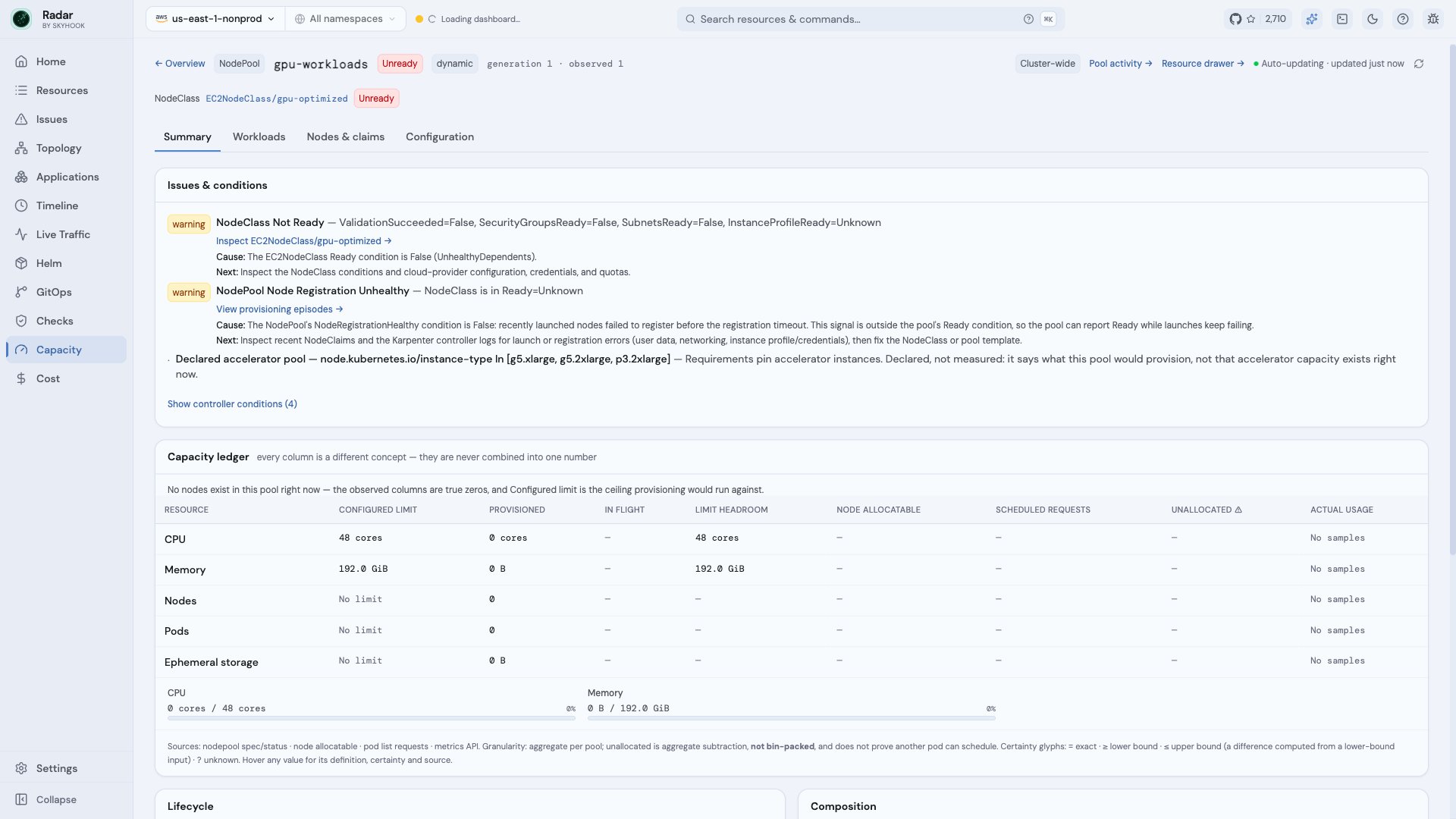 NodePool detail with diagnosis-first ordering