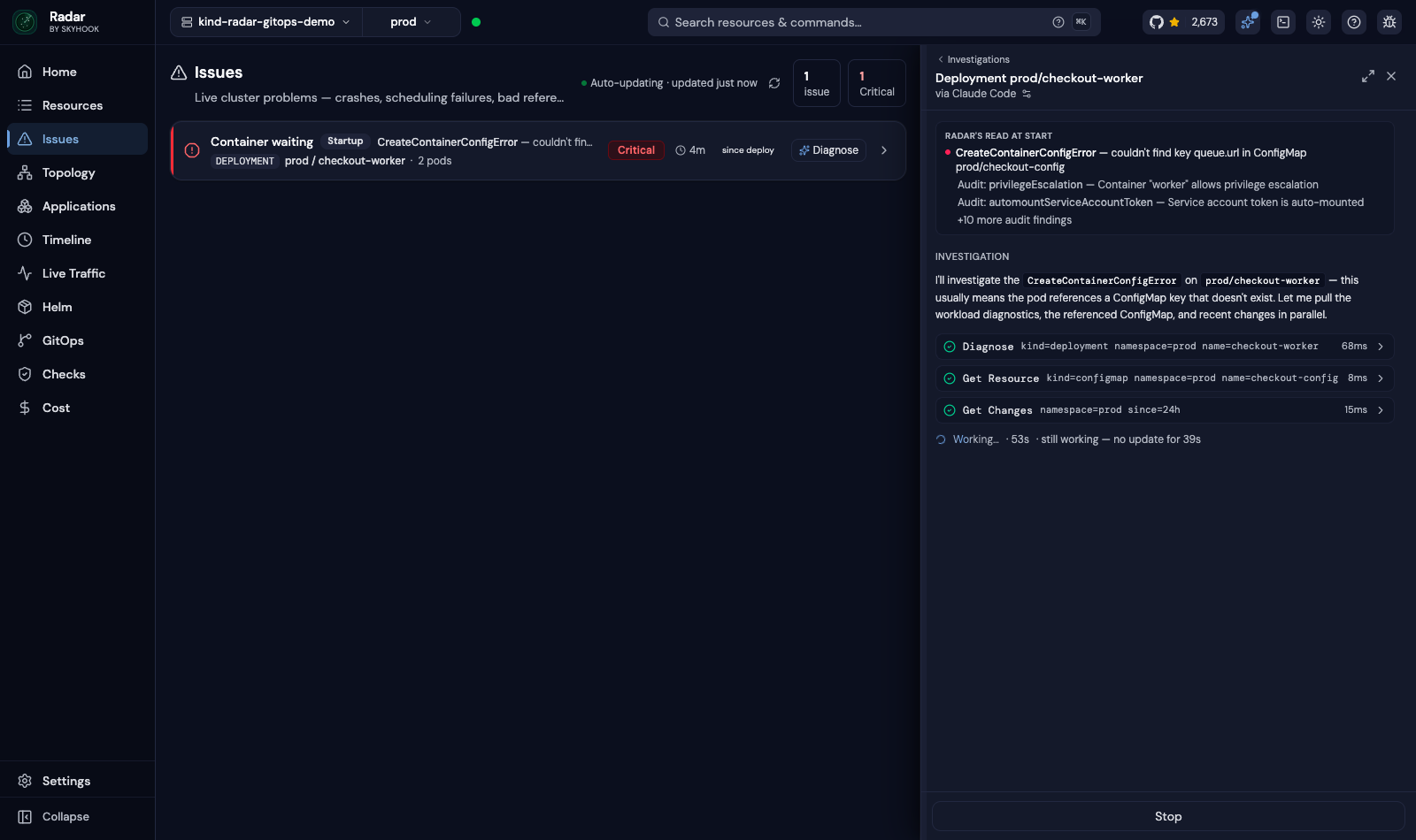 A live investigation with streaming tool calls