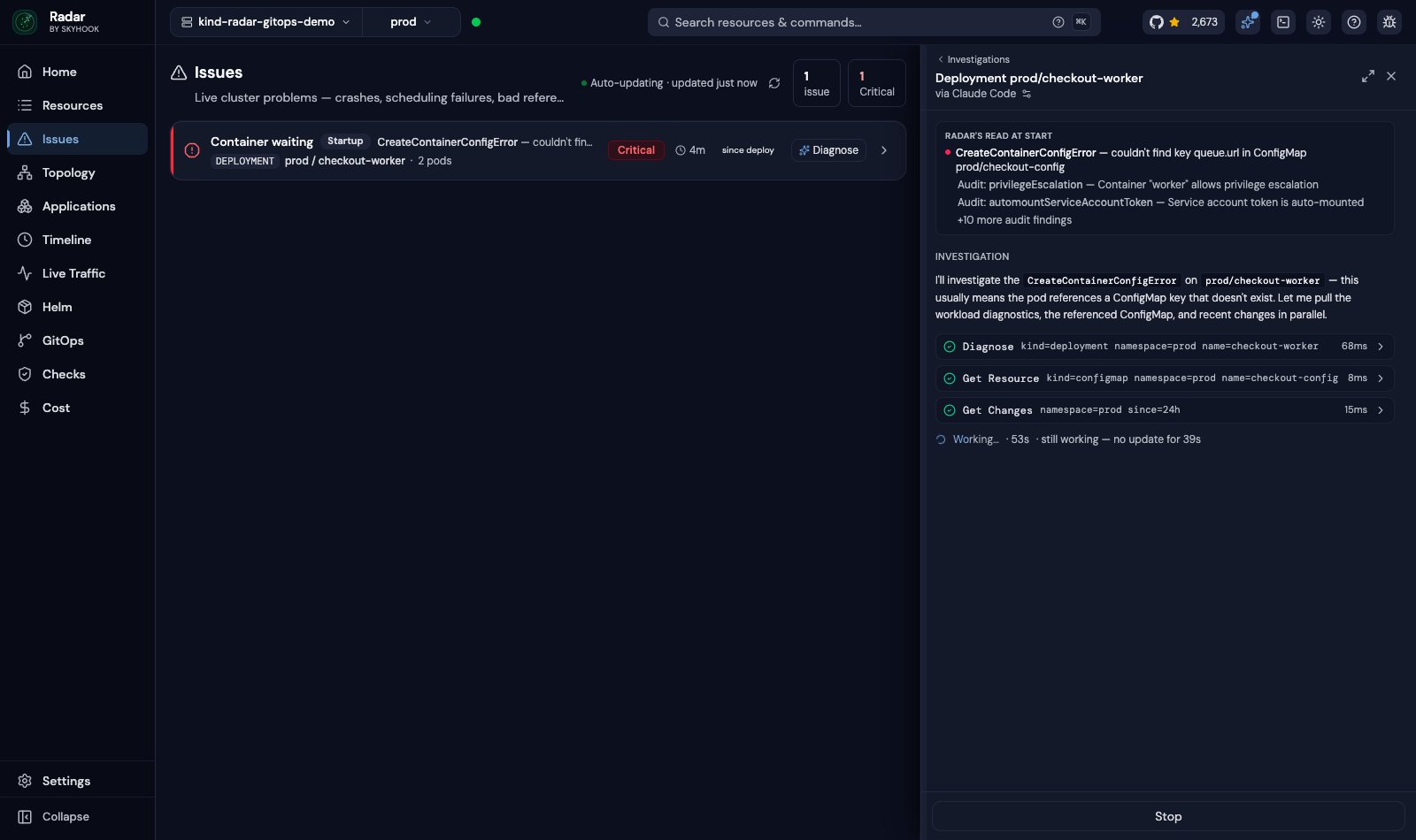 A live investigation with streaming tool calls