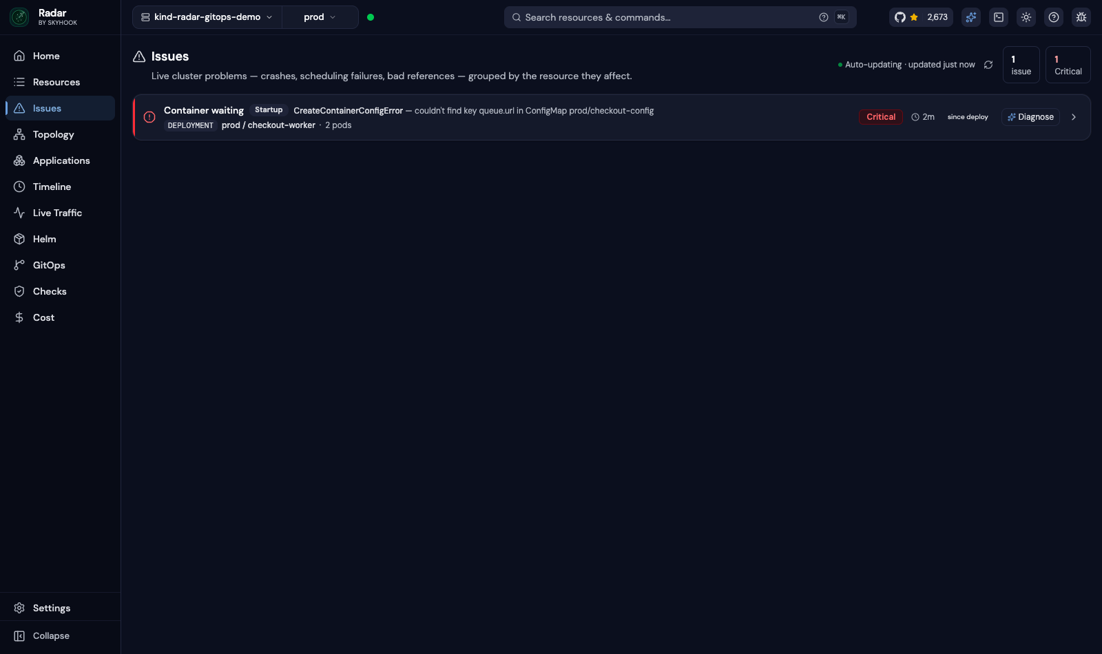 Issues queue with Diagnose buttons