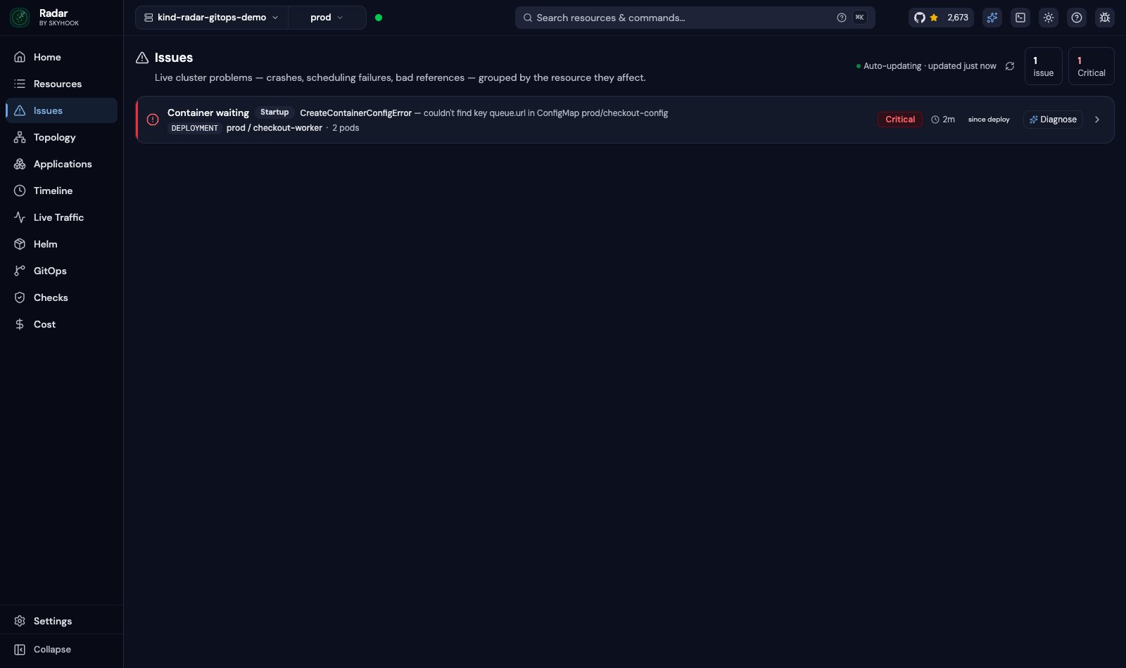 Issues queue with Diagnose buttons