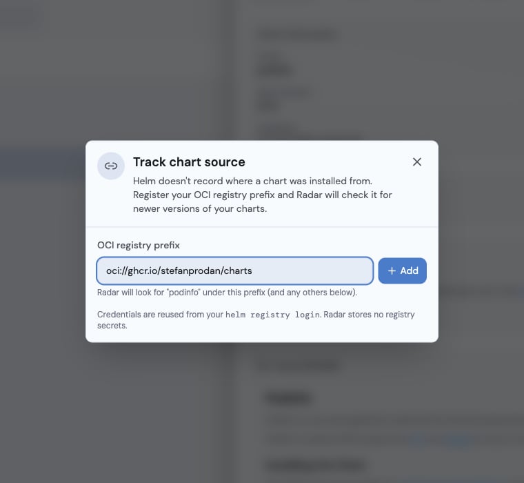 Radar Track chart source dialog - an OCI registry prefix input (oci://ghcr.io/...), an Add button, and a note that credentials are reused from helm registry login
