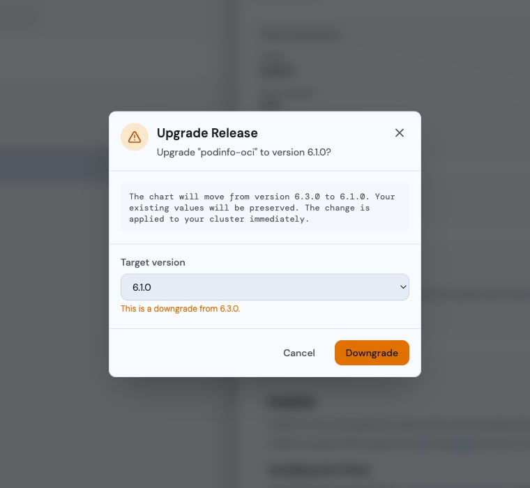 Radar Helm upgrade dialog - a Target version dropdown set to an older version, with a 'This is a downgrade from 6.3.0' warning and a Downgrade button
