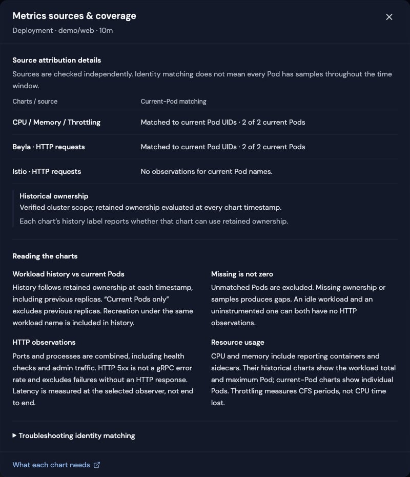 Metrics sources and coverage dialog showing separate resource, Beyla and Istio matching evidence, historical ownership and chart definitions