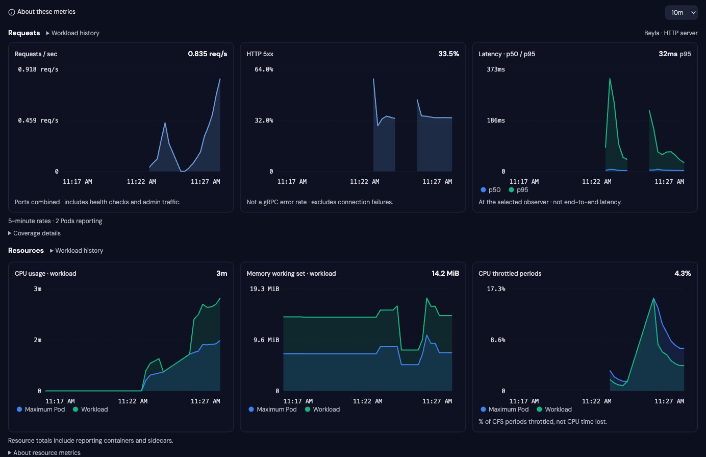 Radar workload metrics showing HTTP requests, 5xx errors and latency above CPU, memory and throttling charts
