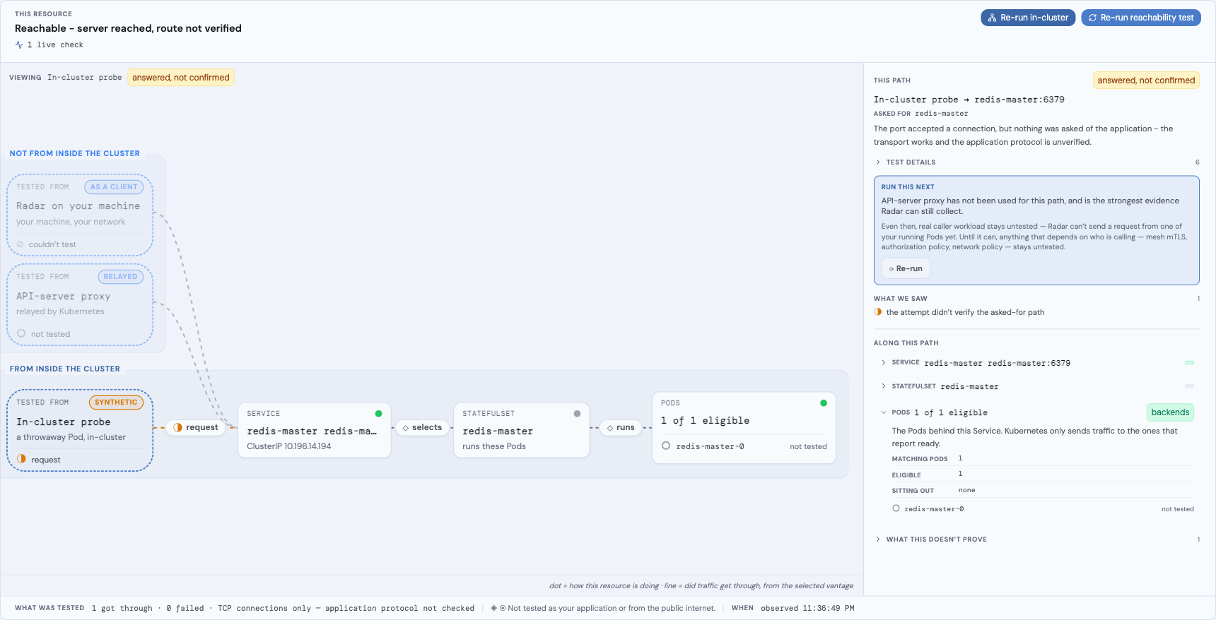 A Redis Service after an in-cluster TCP test: the probe capsule reports what it saw, and the coverage line states that only the transport was checked
