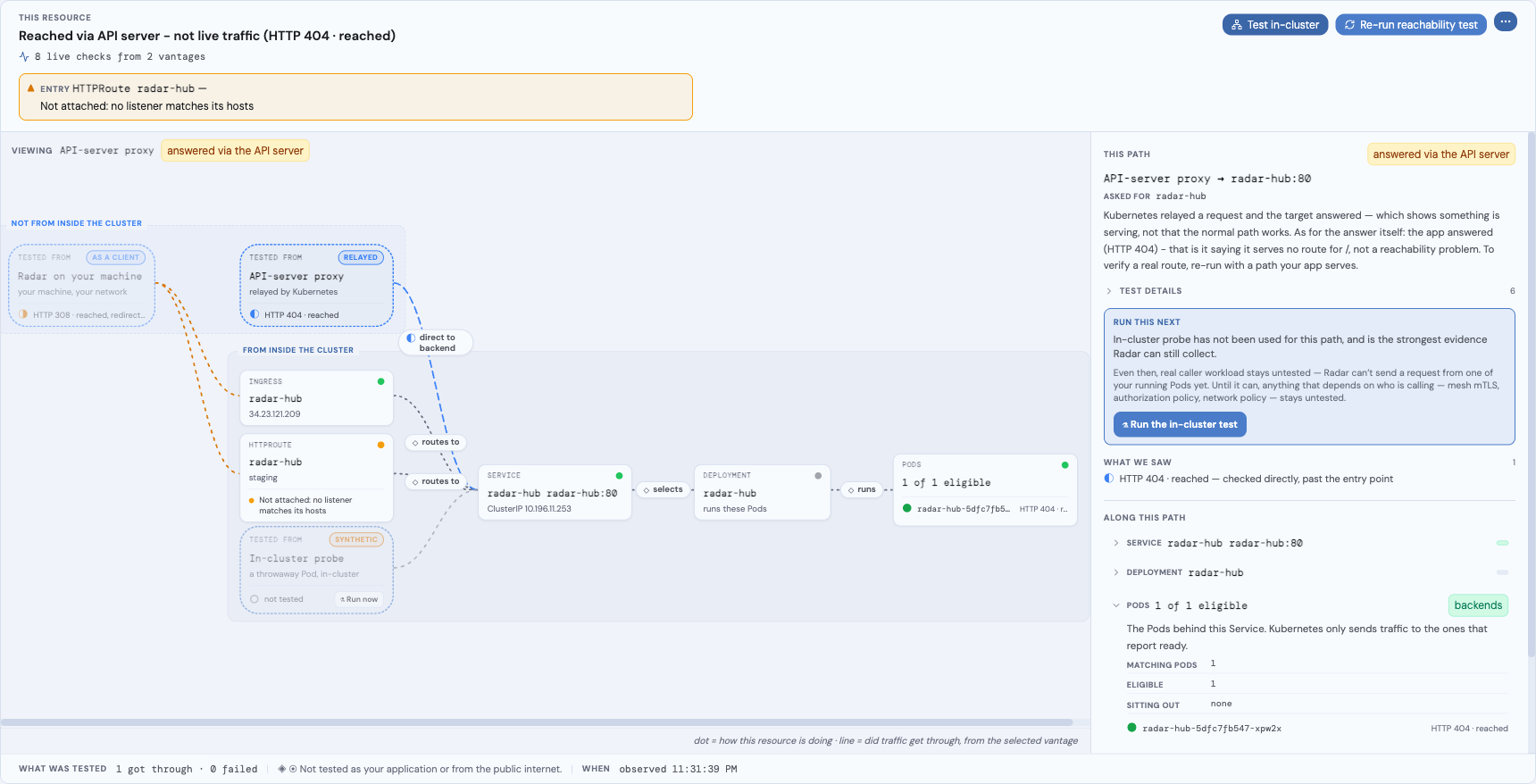 A Service reached by both an Ingress and an HTTPRoute: parallel entry points on the left, the path graph, and the journey inspector on the right