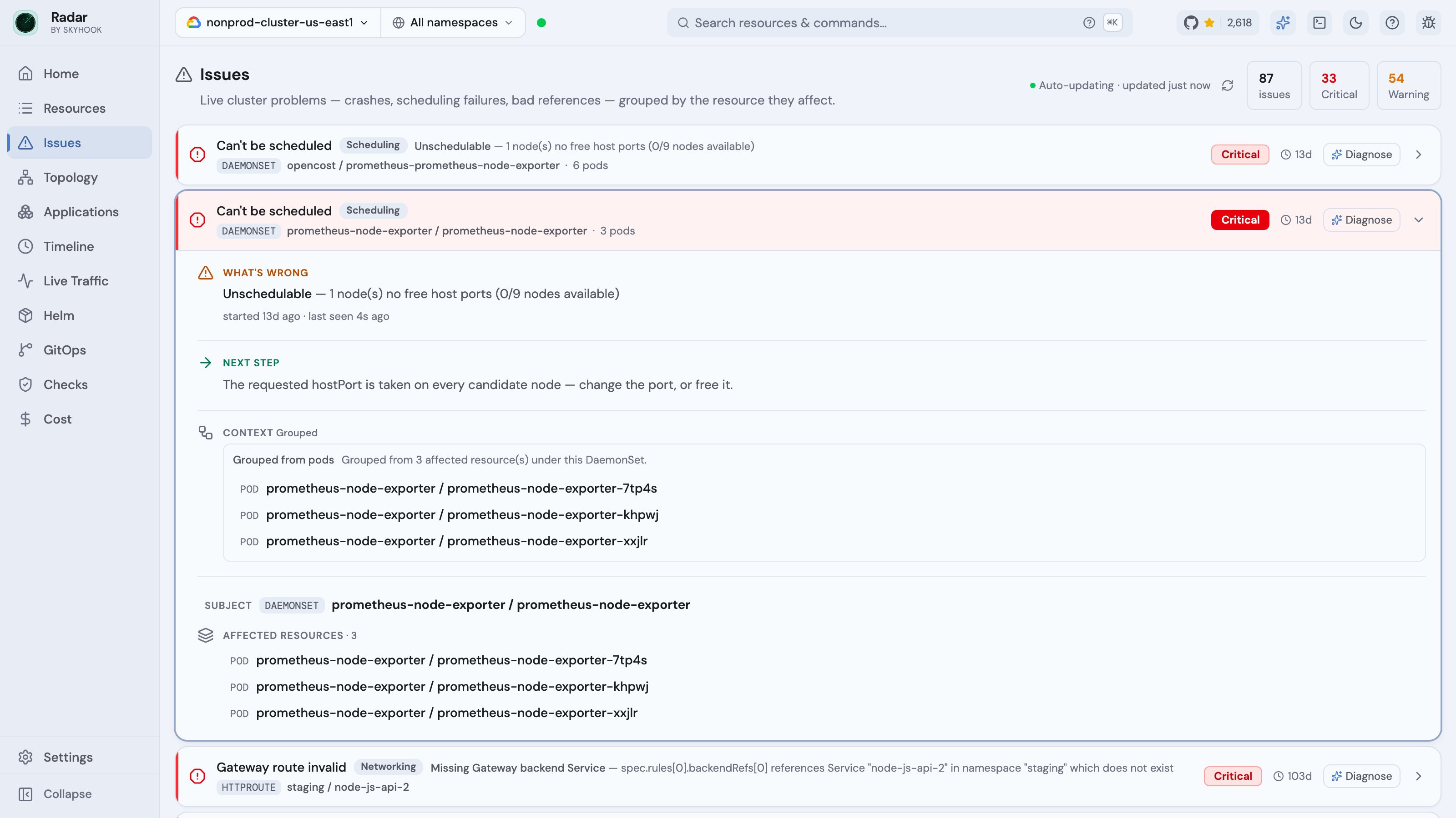 Radar's Issues view - the triage queue with one issue expanded, showing what's wrong, the next step to fix it, and the pods it was grouped from under the owning DaemonSet
