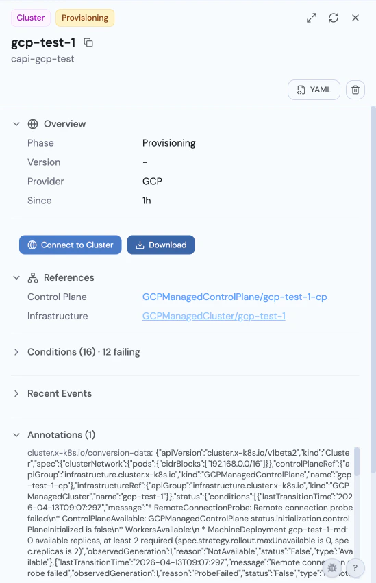 Cluster detail with Connect button and provider references