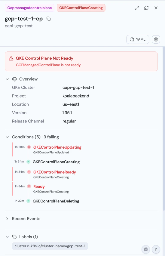 GCPManagedControlPlane with conditions timeline