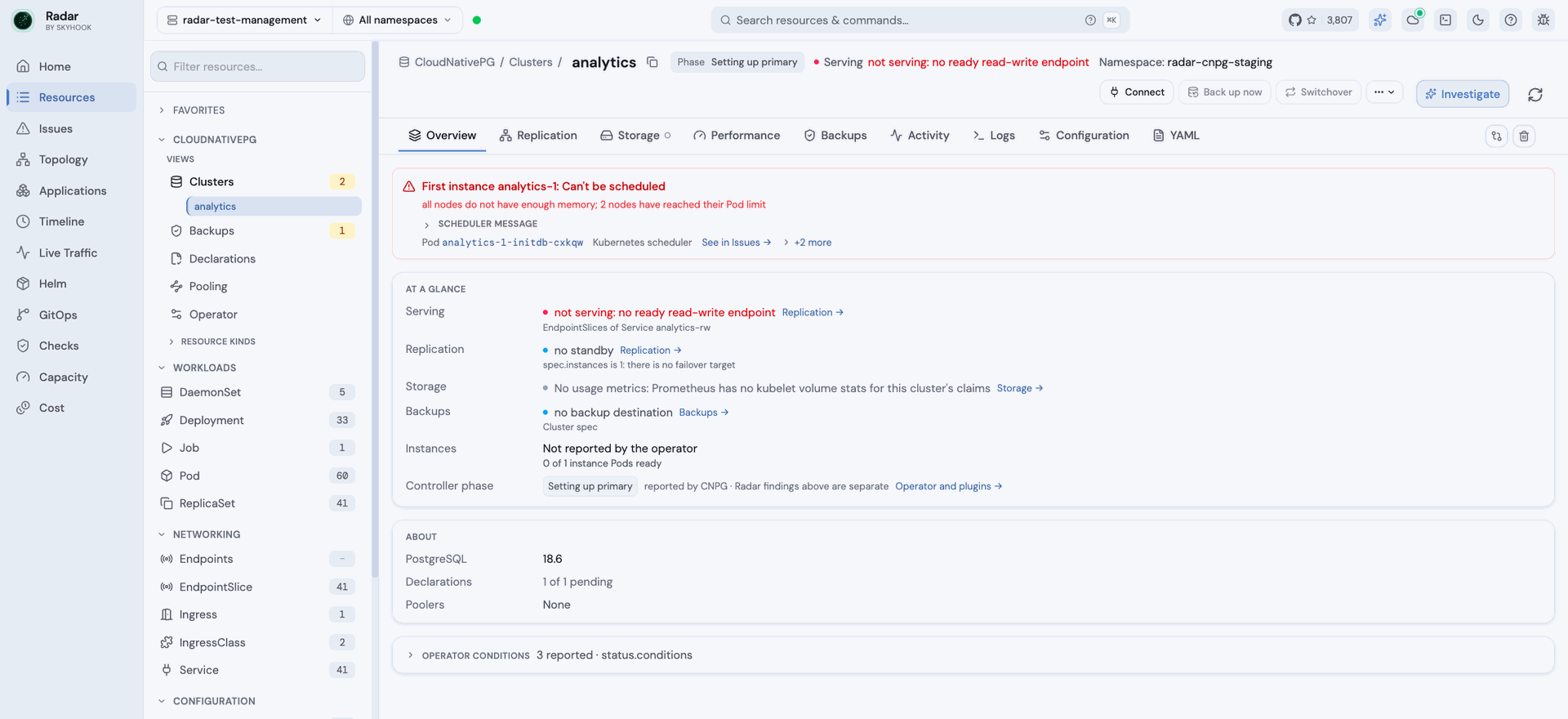 Cluster overview showing an unschedulable first instance