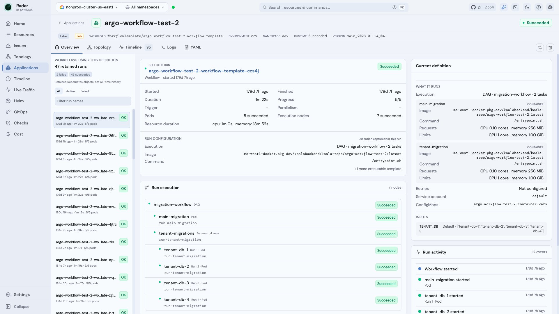 Radar showing an Argo WorkflowTemplate with a retained-run rail, selected run details, current definition, DAG execution tree, inputs, and run activity