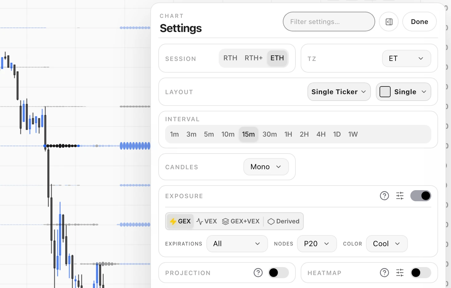 Atlas Settings open beside the chart: Session, TZ, Layout, Interval and Candles, then the Exposure card and the Projection and Heatmap switches.