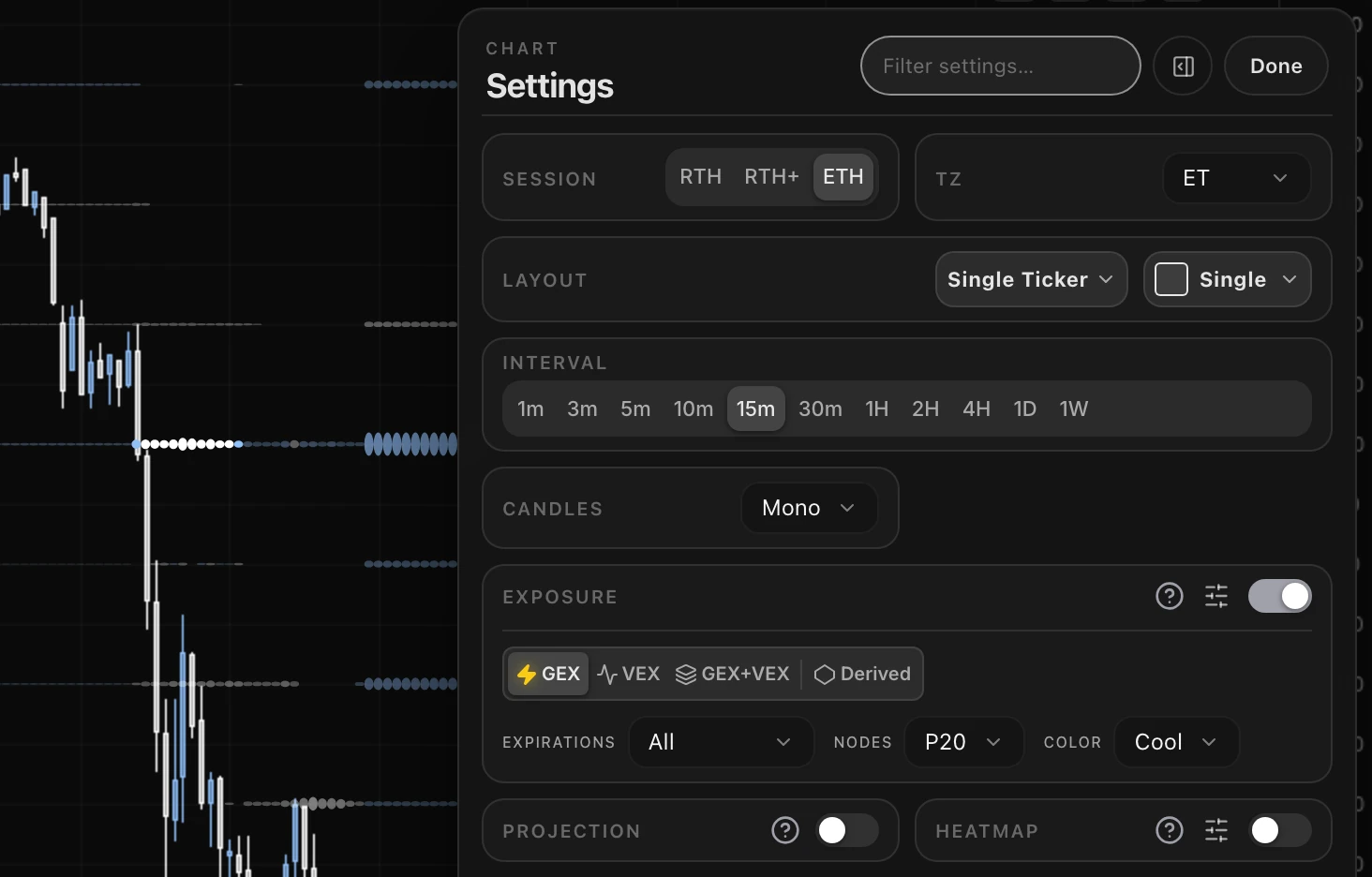 Atlas Settings open beside the chart: Session, TZ, Layout, Interval and Candles, then the Exposure card and the Projection and Heatmap switches.