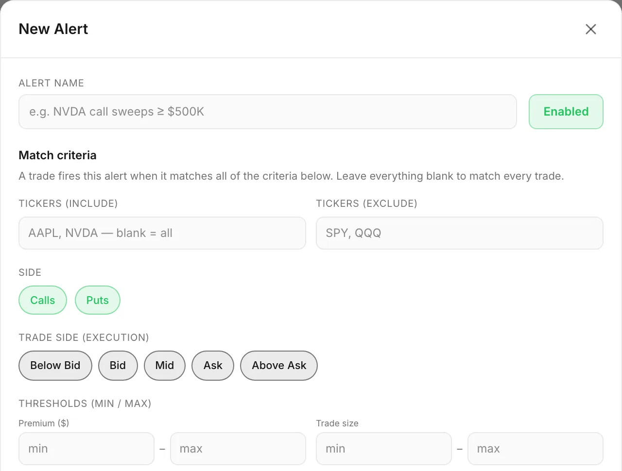 The New Alert form: alert name, tickers to include or exclude, side, trade side, and premium and size thresholds.