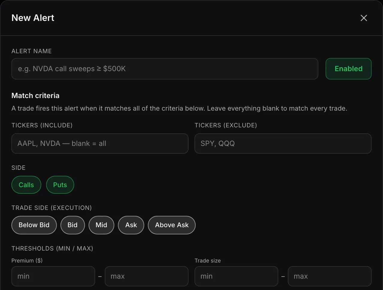 The New Alert form: alert name, tickers to include or exclude, side, trade side, and premium and size thresholds.