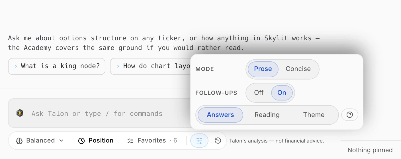 The Answers tab of Talon's settings: Mode (Prose or Concise) and Follow-ups (on or off).