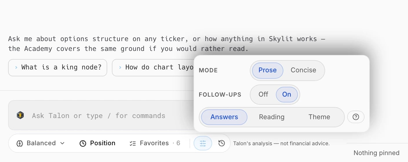The Answers tab of Talon's settings: Mode (Prose or Concise) and Follow-ups (on or off).