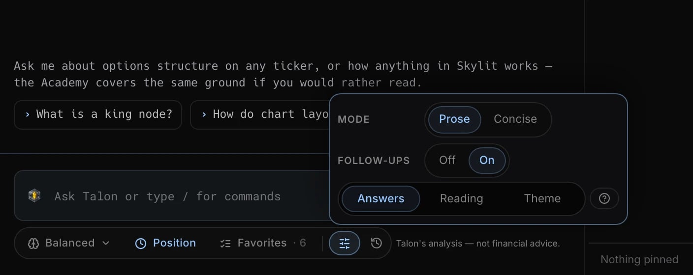 The Answers tab of Talon's settings: Mode (Prose or Concise) and Follow-ups (on or off).