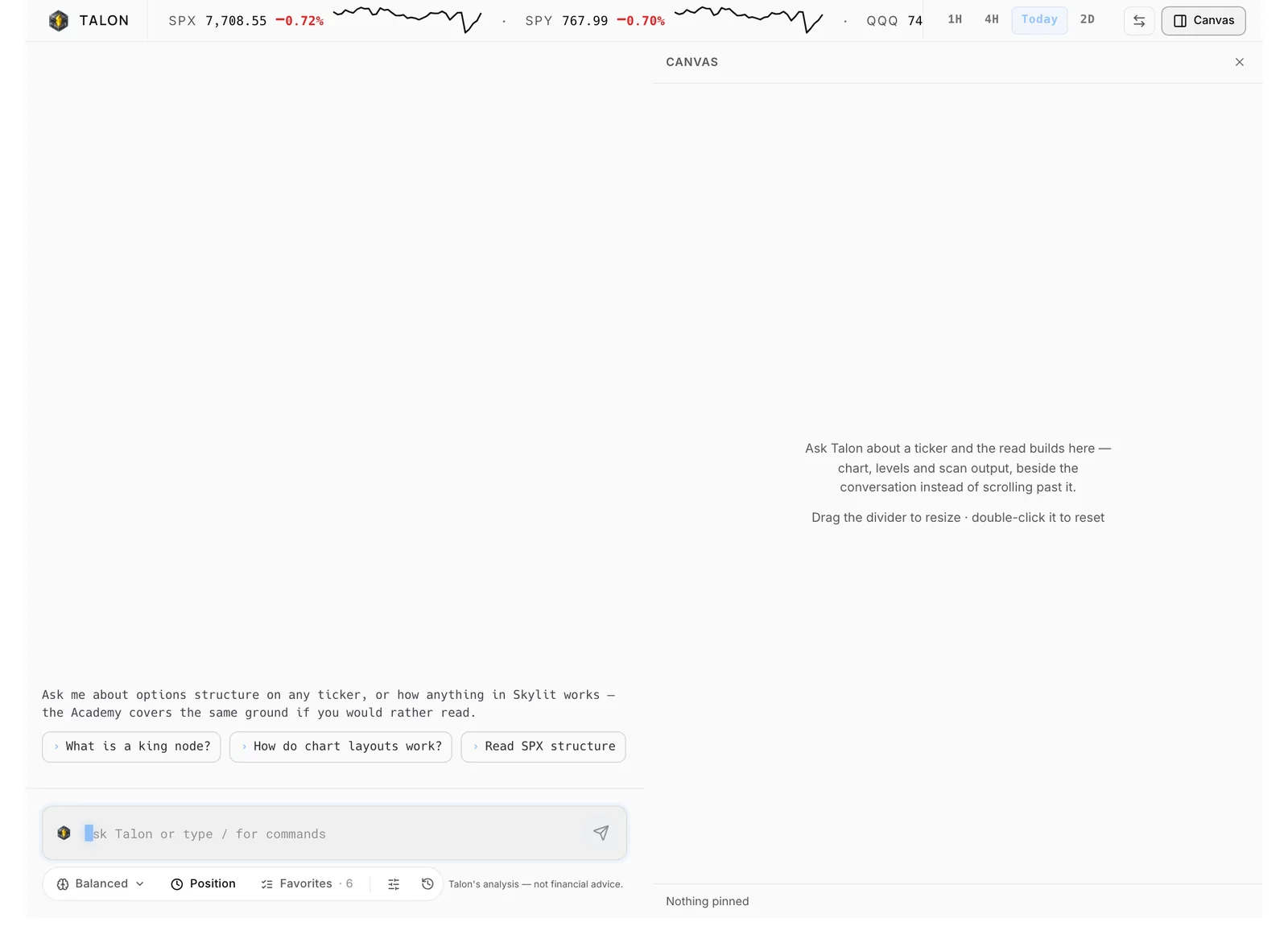 The full Talon page: the market tape across the top, the conversation on the left and the canvas on the right.