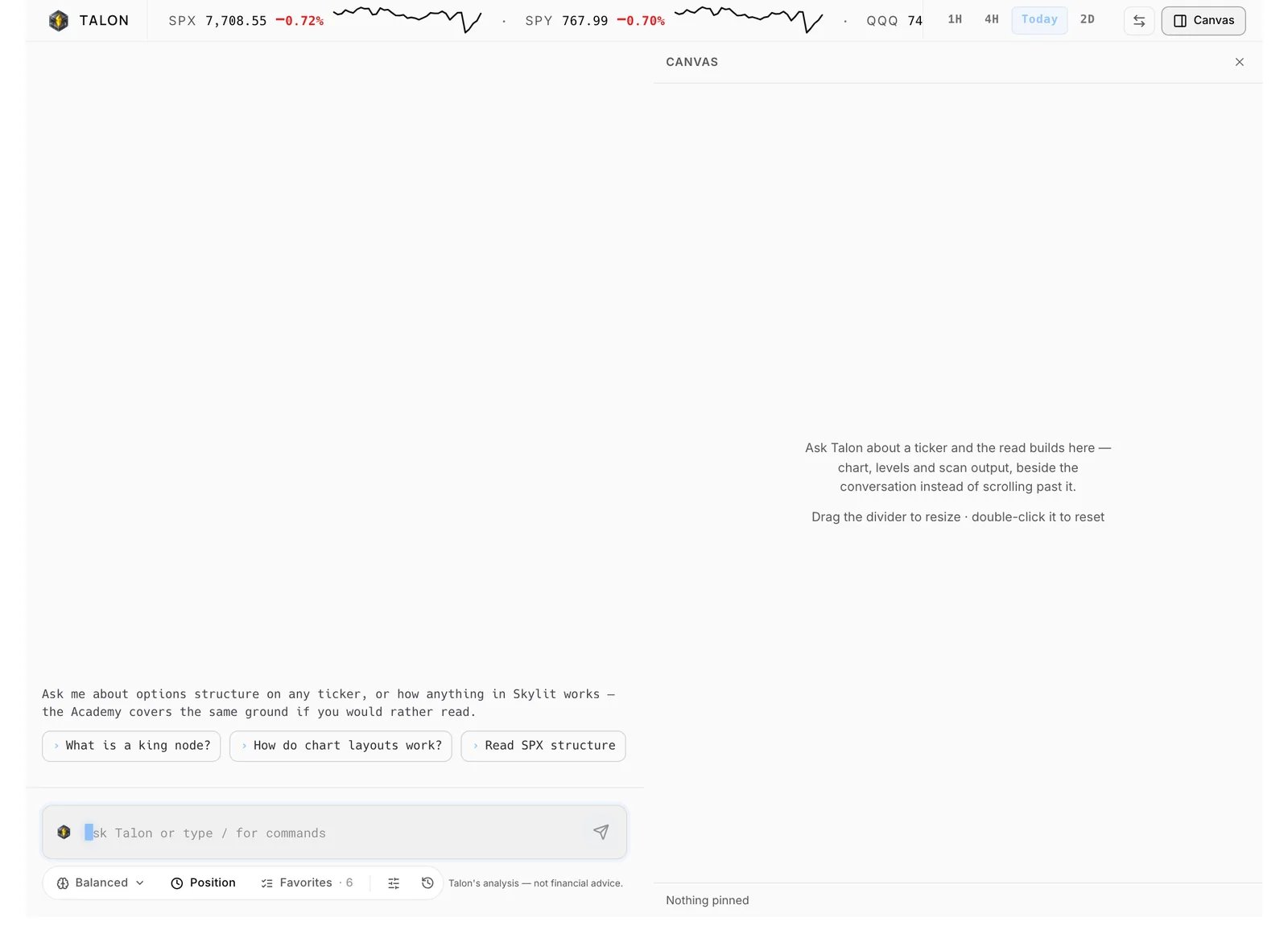 The full Talon page: the market tape across the top, the conversation on the left and the canvas on the right.