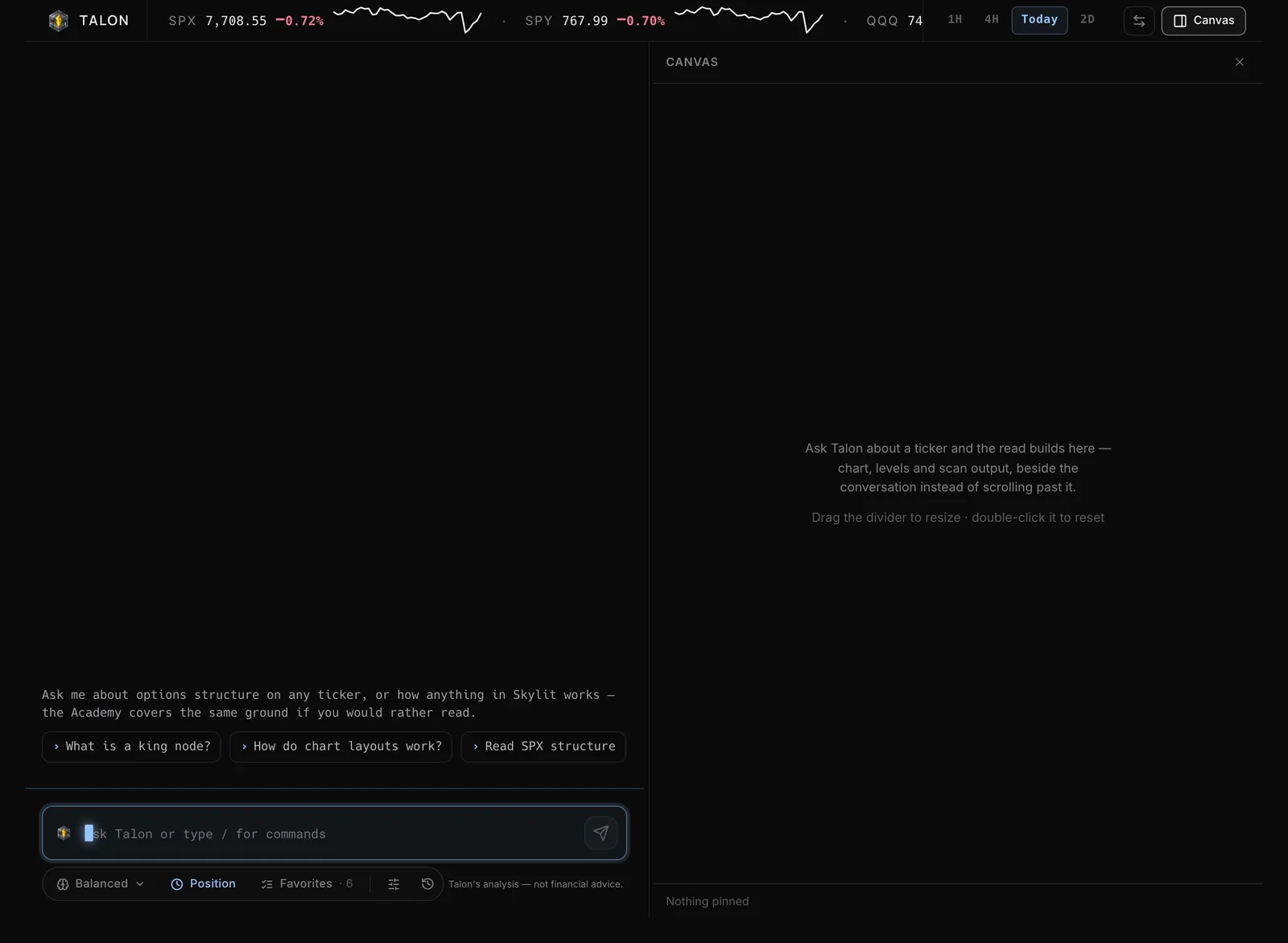 The full Talon page: the market tape across the top, the conversation on the left and the canvas on the right.