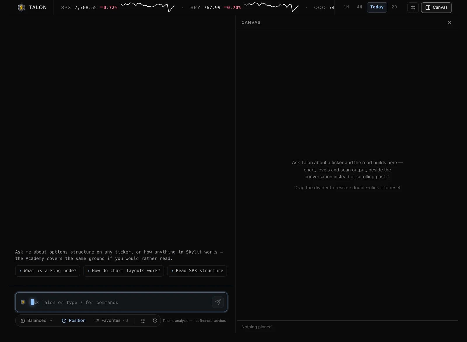 The full Talon page: the market tape across the top, the conversation on the left and the canvas on the right.
