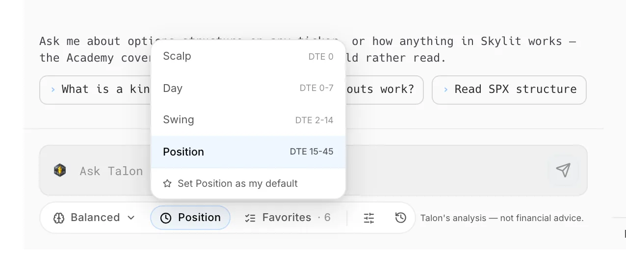 The timeframe menu under the composer: Scalp, Day, Swing and Position, each with the days to expiry it reads.