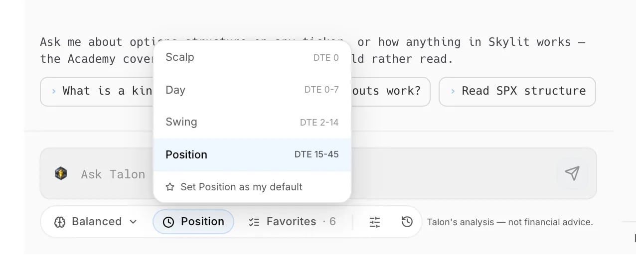 The timeframe menu under the composer: Scalp, Day, Swing and Position, each with the days to expiry it reads.