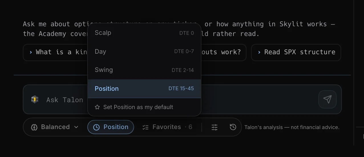 The timeframe menu under the composer: Scalp, Day, Swing and Position, each with the days to expiry it reads.