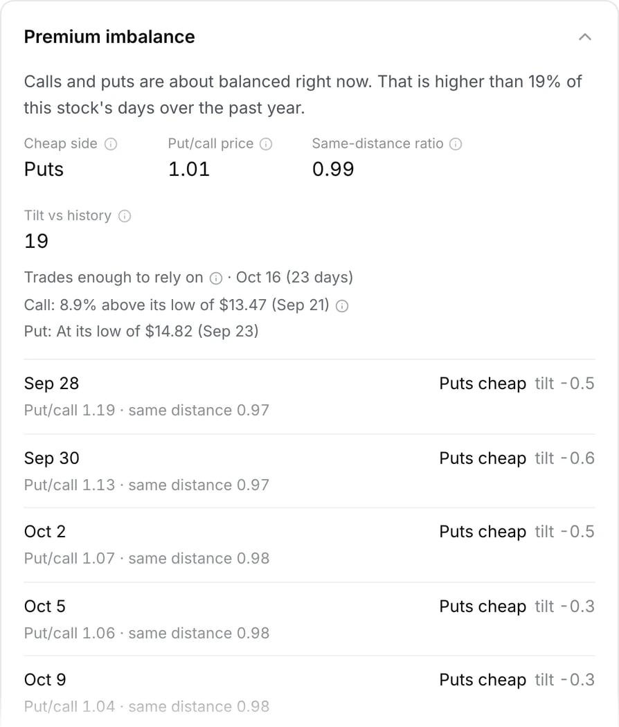 The Premium imbalance panel for one stock: the cheap side, put/call price, same-distance ratio and tilt vs history, the legs against their lows, and the tilt for each expiration.
