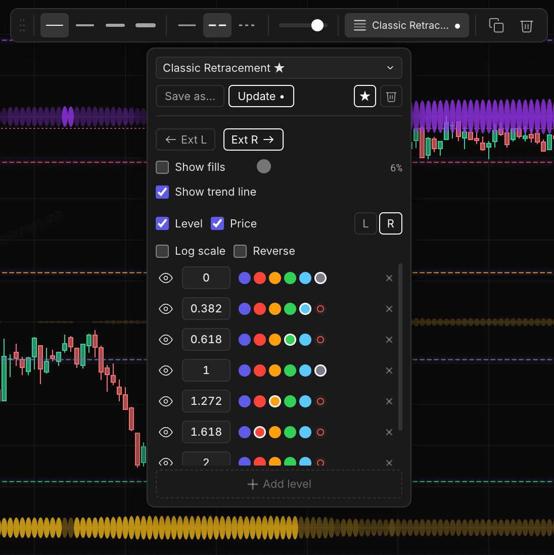 A modified drawing: the dot next to the preset name and the enabled Update button signal unsaved changes
