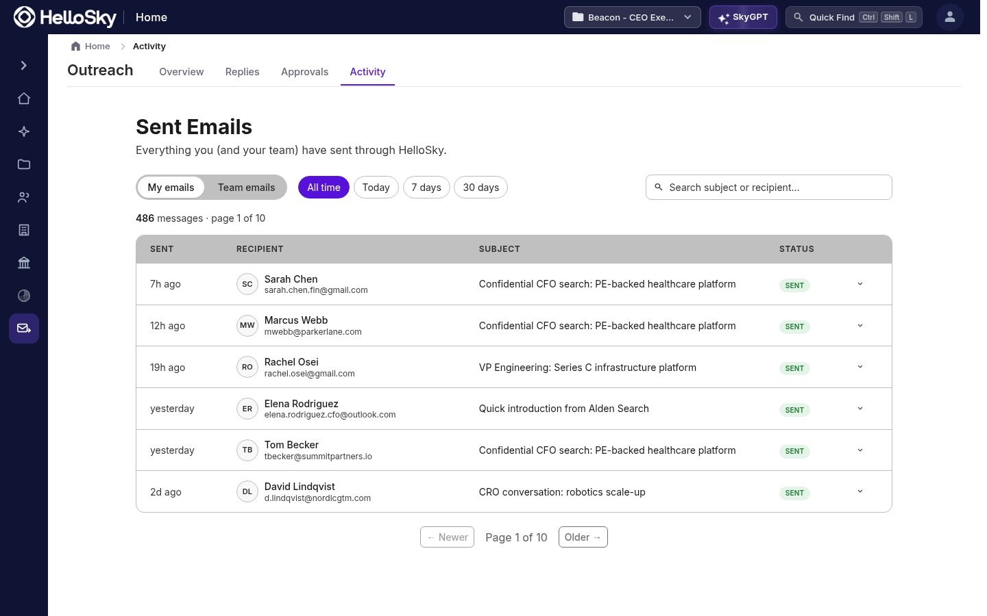 The Activity tab listing sent emails with recipients, subjects, and statuses