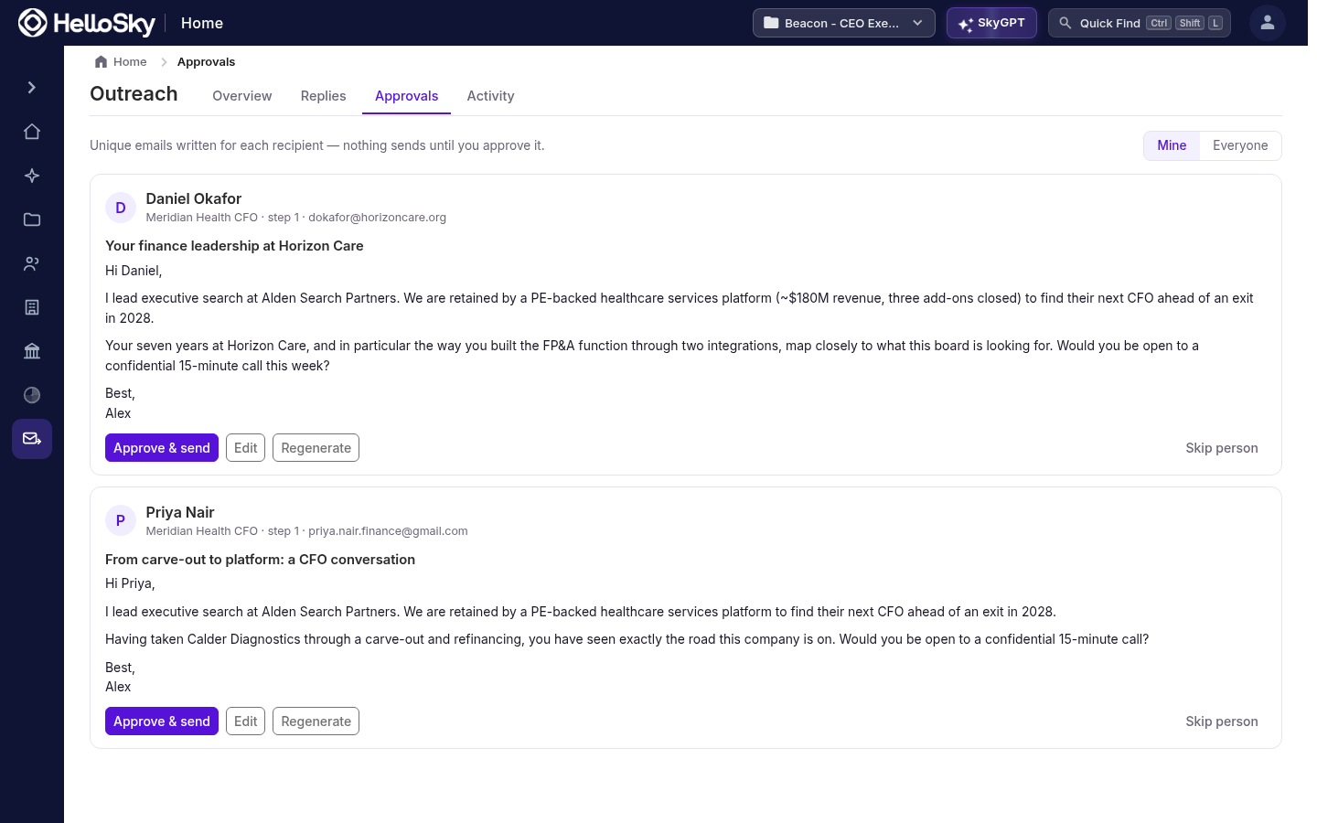 The Approvals tab with AI-personalized drafts waiting for review