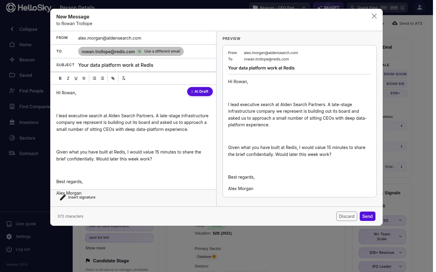 The New Message composer with a pre-filled recipient, AI-drafted body, and live preview