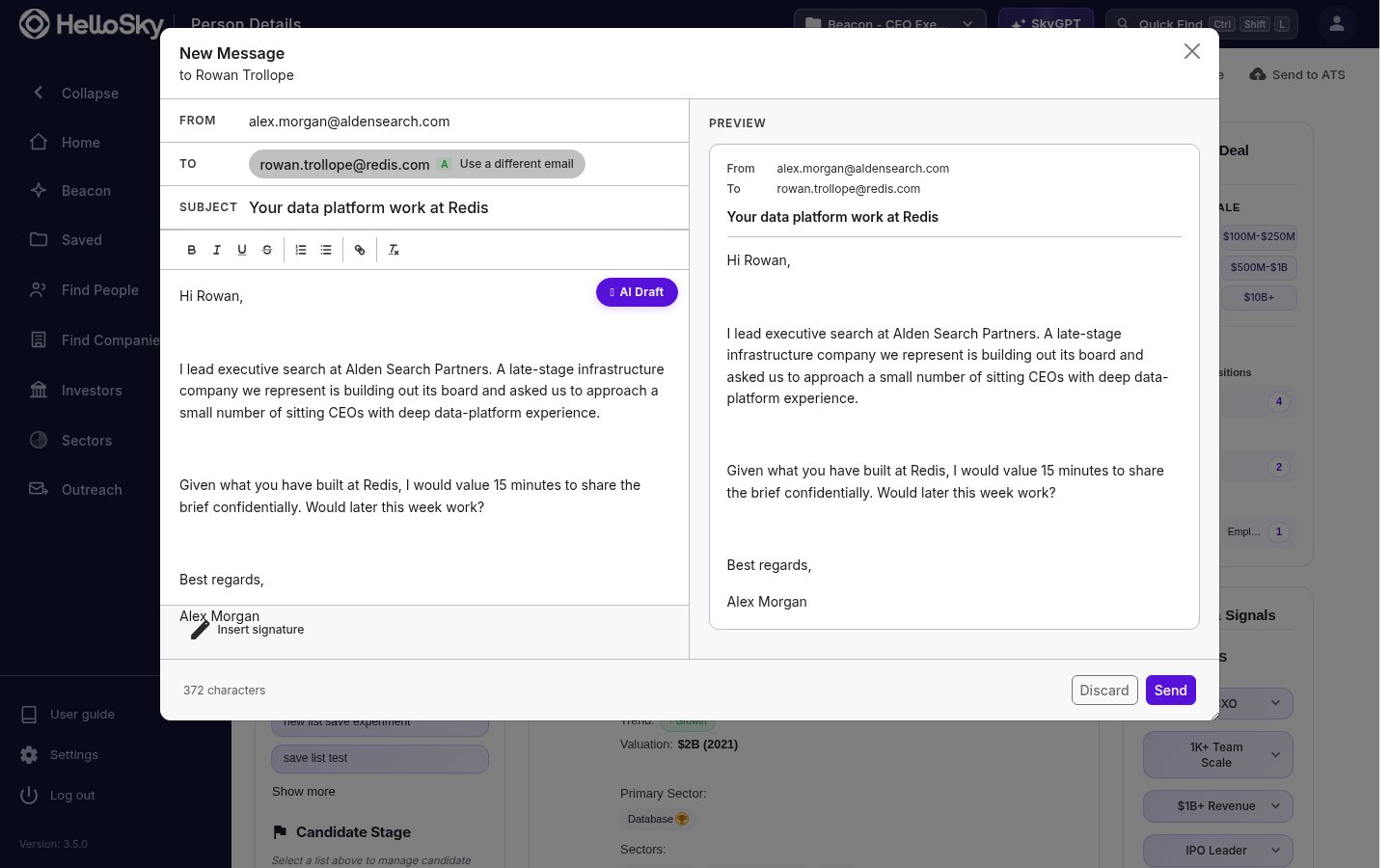 The New Message composer with a pre-filled recipient, AI-drafted body, and live preview