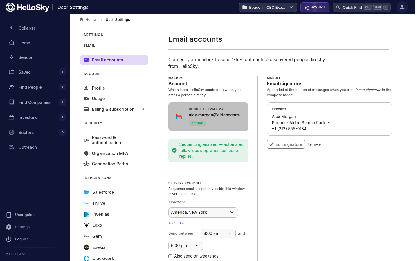 Email accounts settings with a connected Gmail mailbox, email signature, and delivery schedule