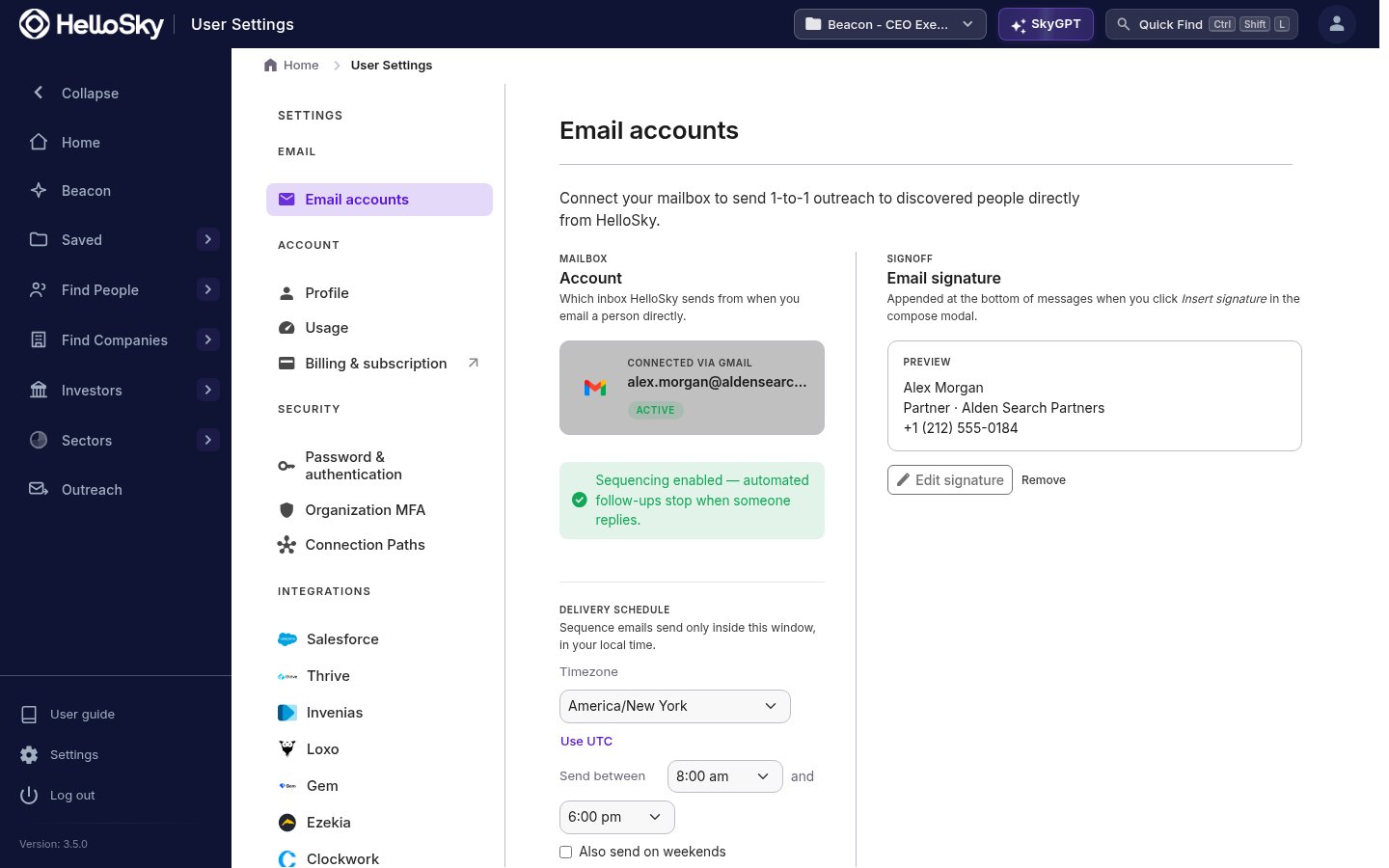 Email accounts settings with a connected Gmail mailbox, email signature, and delivery schedule