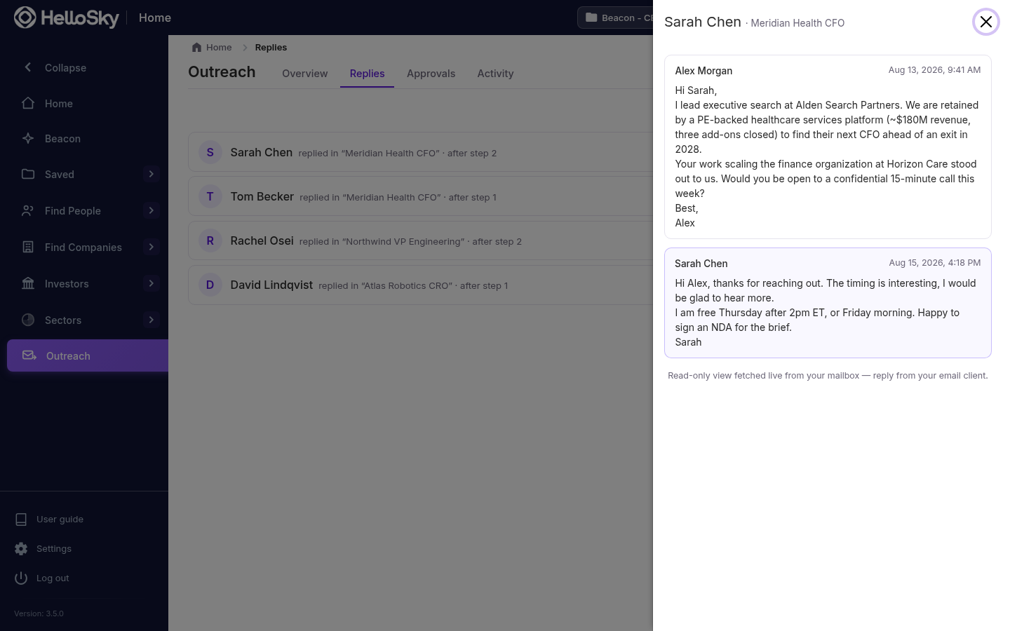 The Replies tab with a full email thread open, showing the reply that stopped the sequence