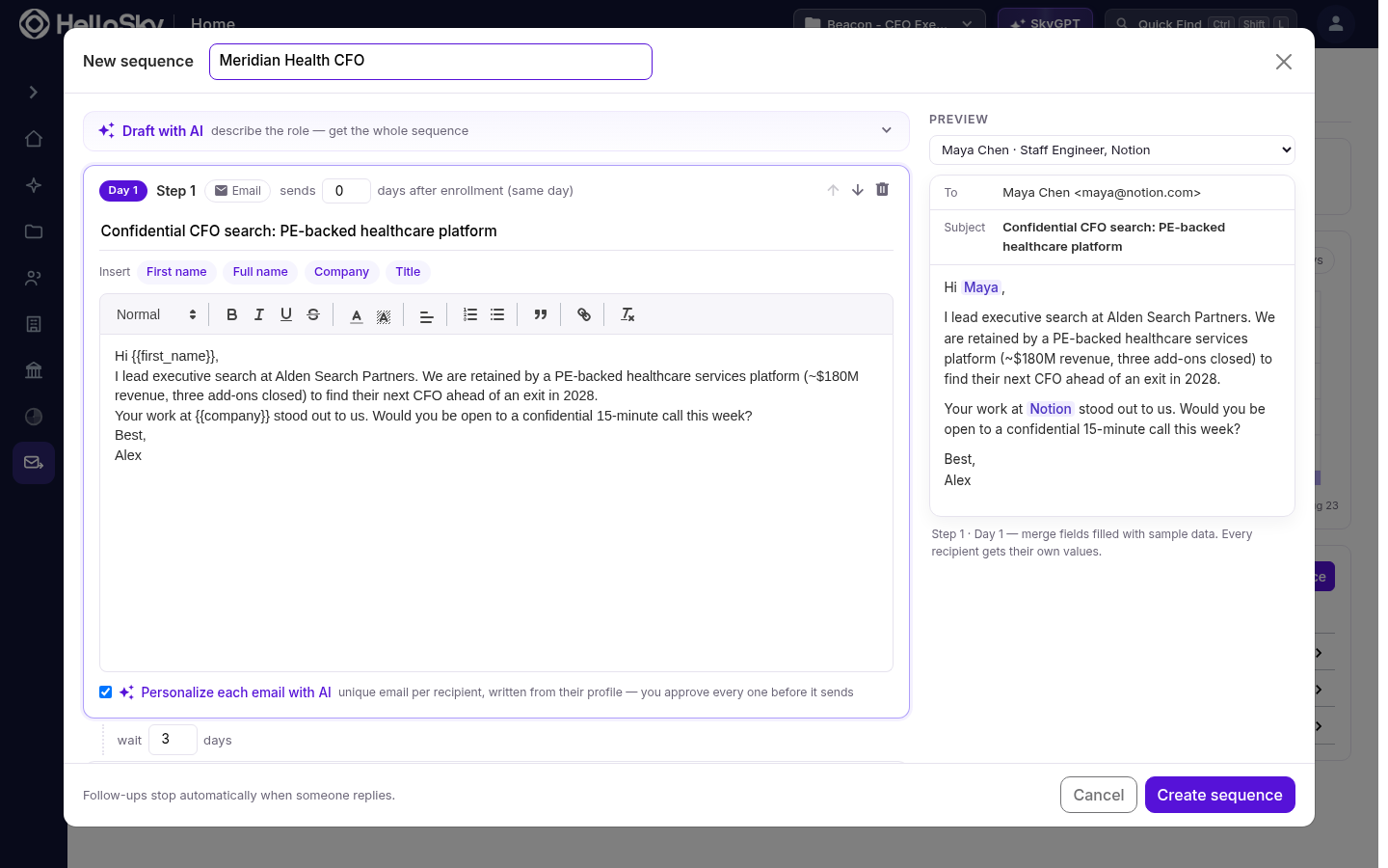 The sequence editor with a step, merge fields, the AI personalization toggle, and a live preview