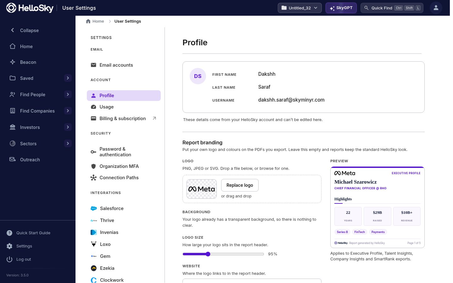 The Settings area showing Profile and Report branding