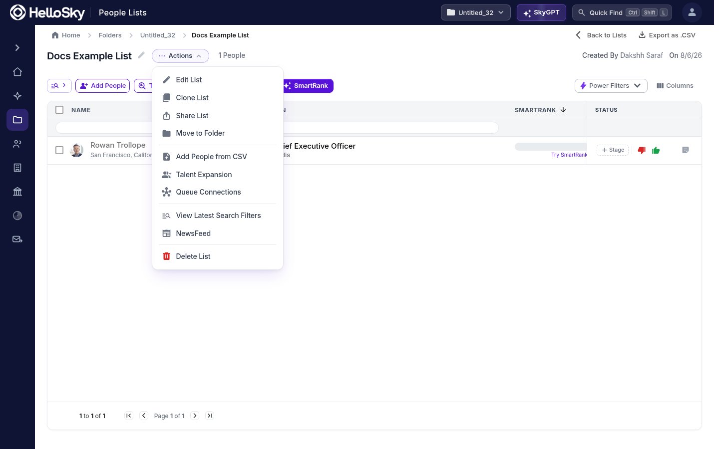 The list Actions menu
