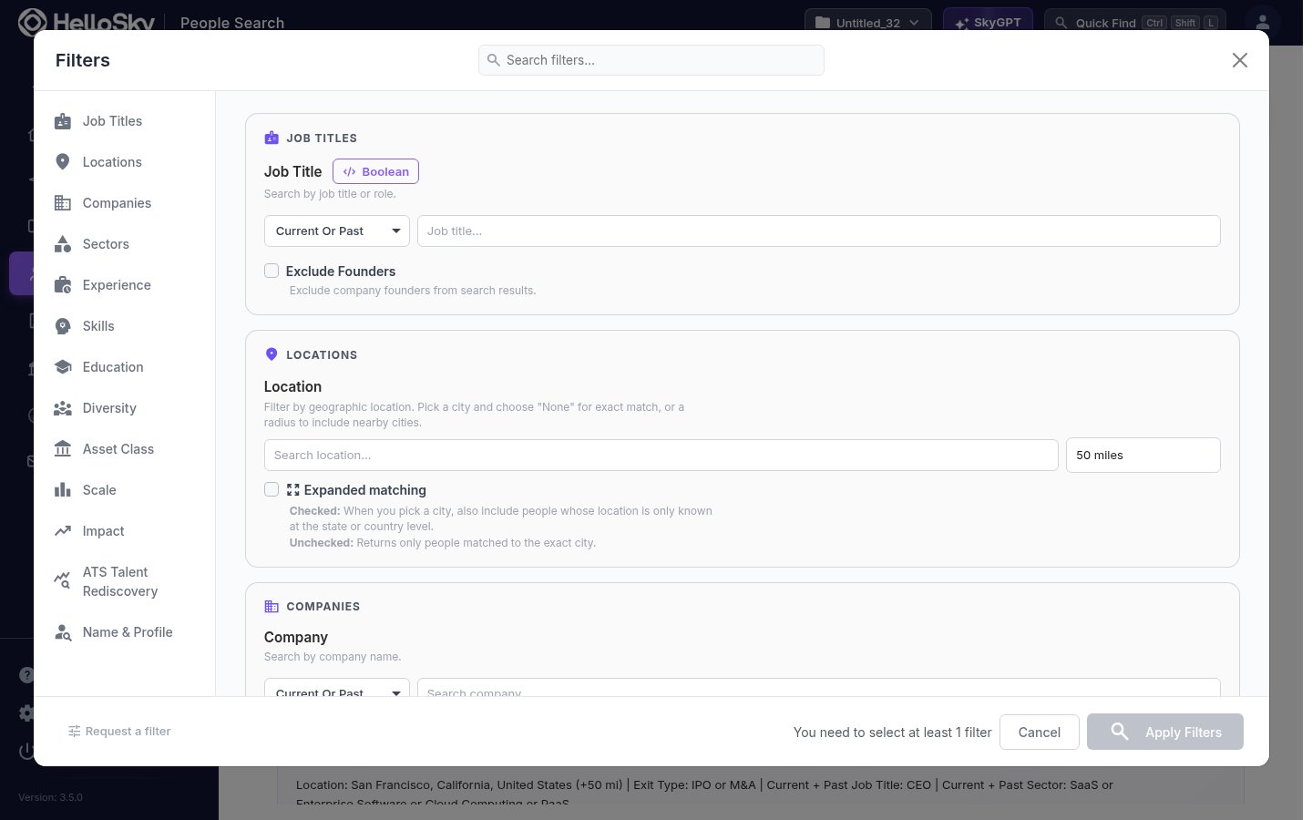 The People Search filter panel