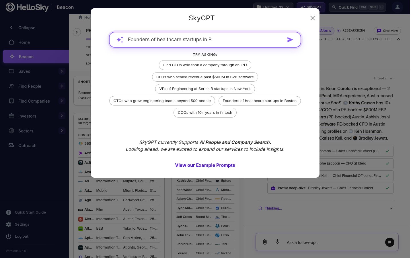 The SkyGPT prompt dialog with example asks