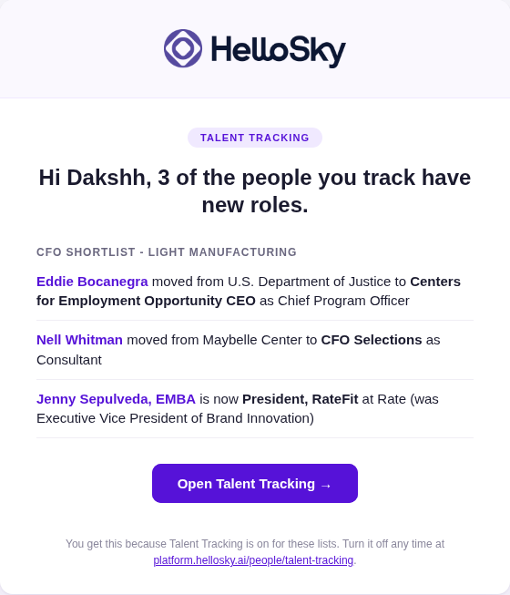 A Talent Tracking digest email listing a move and a promotion