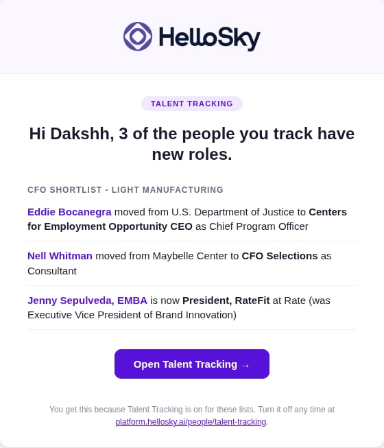 A Talent Tracking digest email listing a move and a promotion