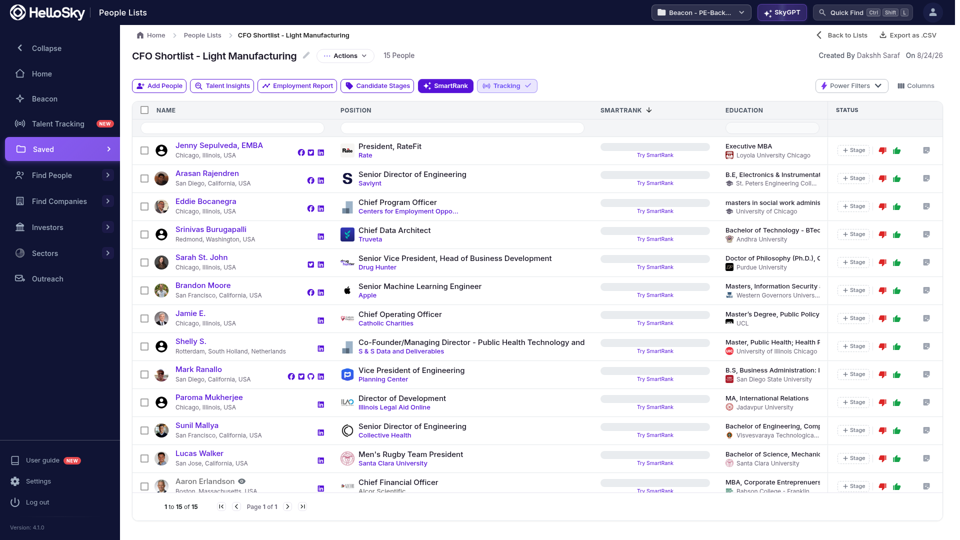 The Talent Tracking button in a people list's toolbar