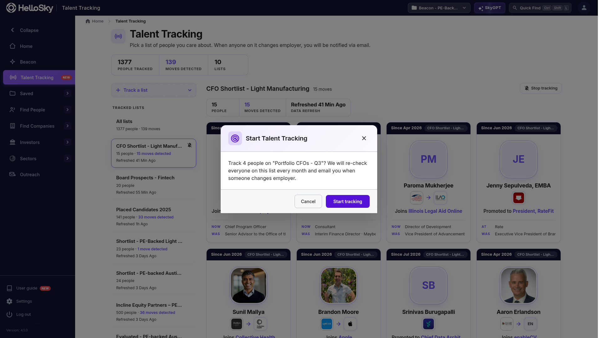 The confirmation shown before tracking starts, with the number of people on the list