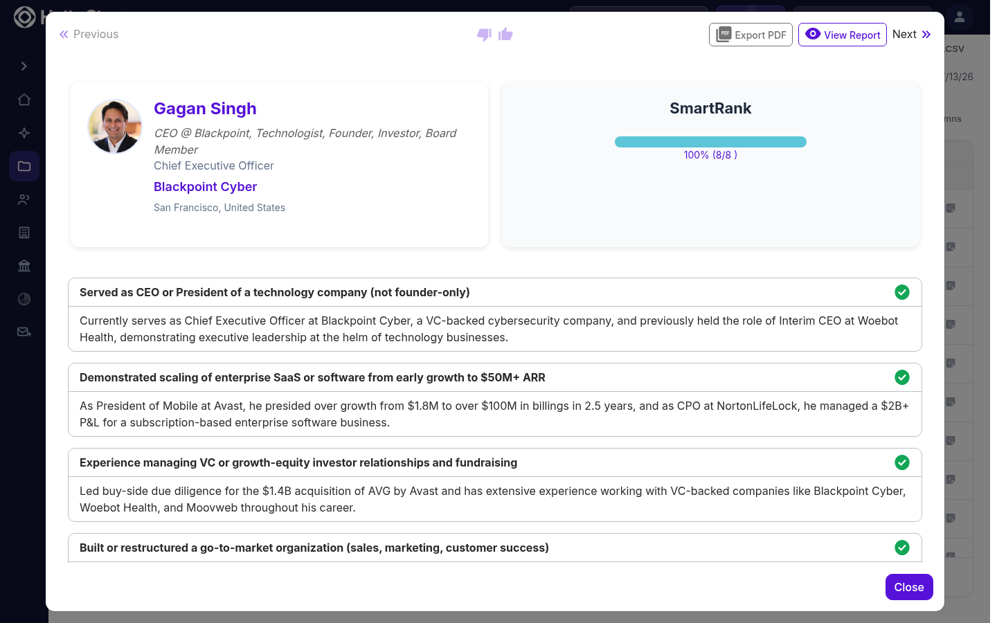 A candidate's SmartRank report with per-criterion evidence